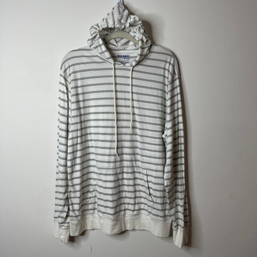 Old Navy White & Gray Striped Pullover Front Pocket Hoodie L